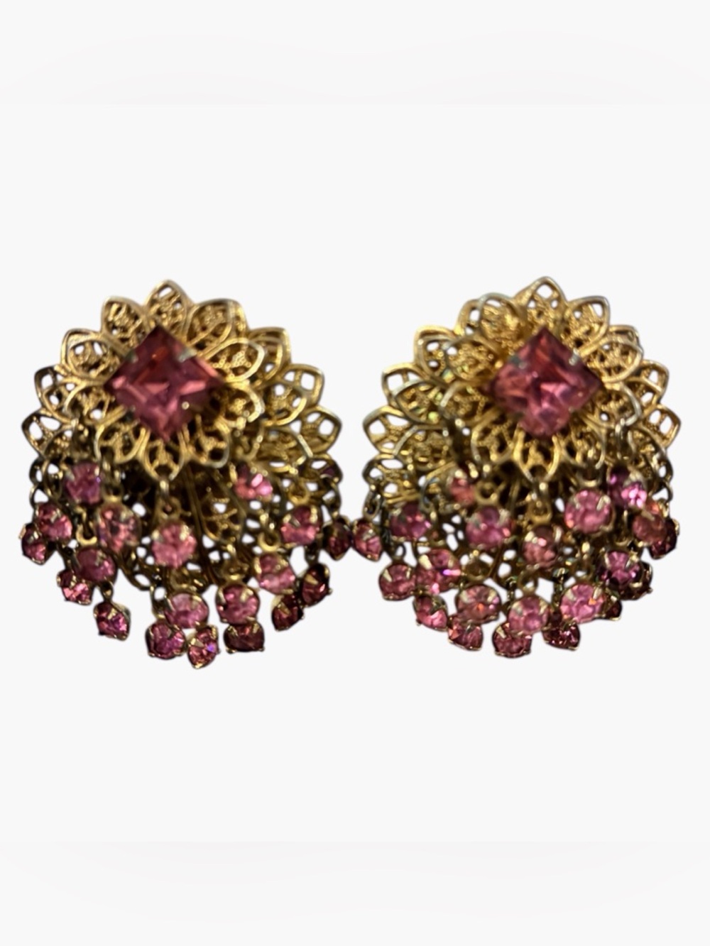Rare Vintage Gold Filigree Faceted Pink Rhinestone Prong Set Clipon Earrings